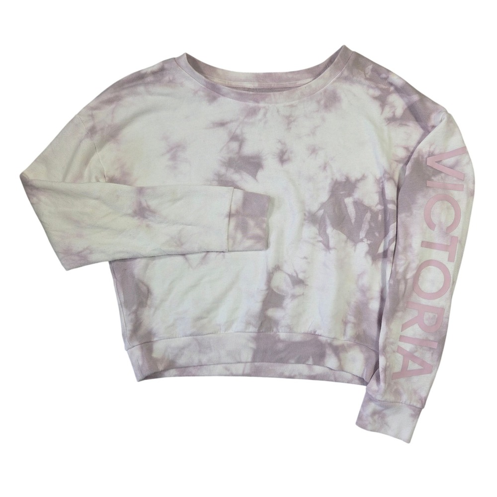 Victoria Sport‎ Womens M Tie Dye Cropped Sweatshirt Purple Logo Sleeve Lounge
